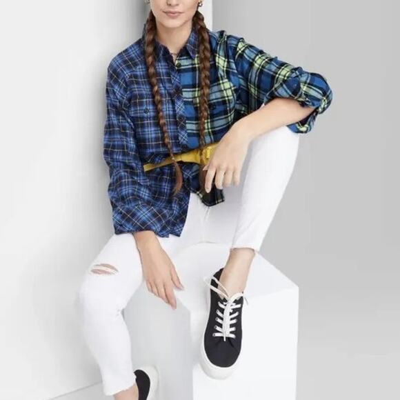Wild Fable Flannel Oversized Boyfriend Shirt Spliced Plaid & Checks Pockets S - Picture 2 of 13